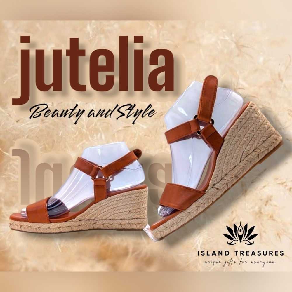 NEW Jutelia Made In Spain Brown Leather Espadrilles Raffia Braided Wedge Sz 7.5